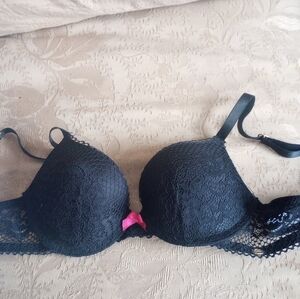 Betsey Johnson Black Lace Bra with Pink Bow Accent